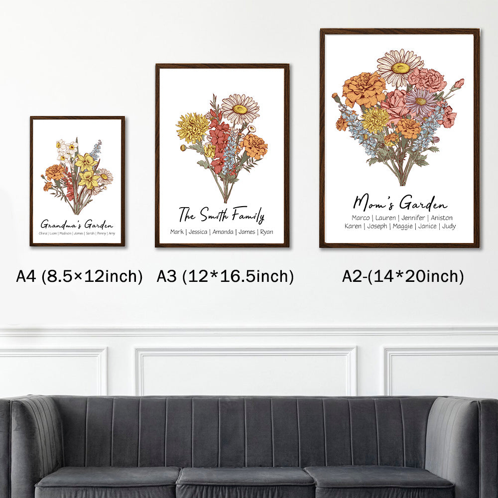 ⭐️Birth Flower Family Bouquet Personalized Names Frame⭐️