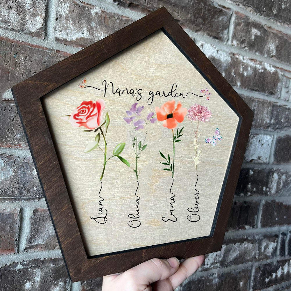 Personalisiertes Gartenschild mit Namen der Enkelkinder und Geburtsblume als Muttertagsgeschenk