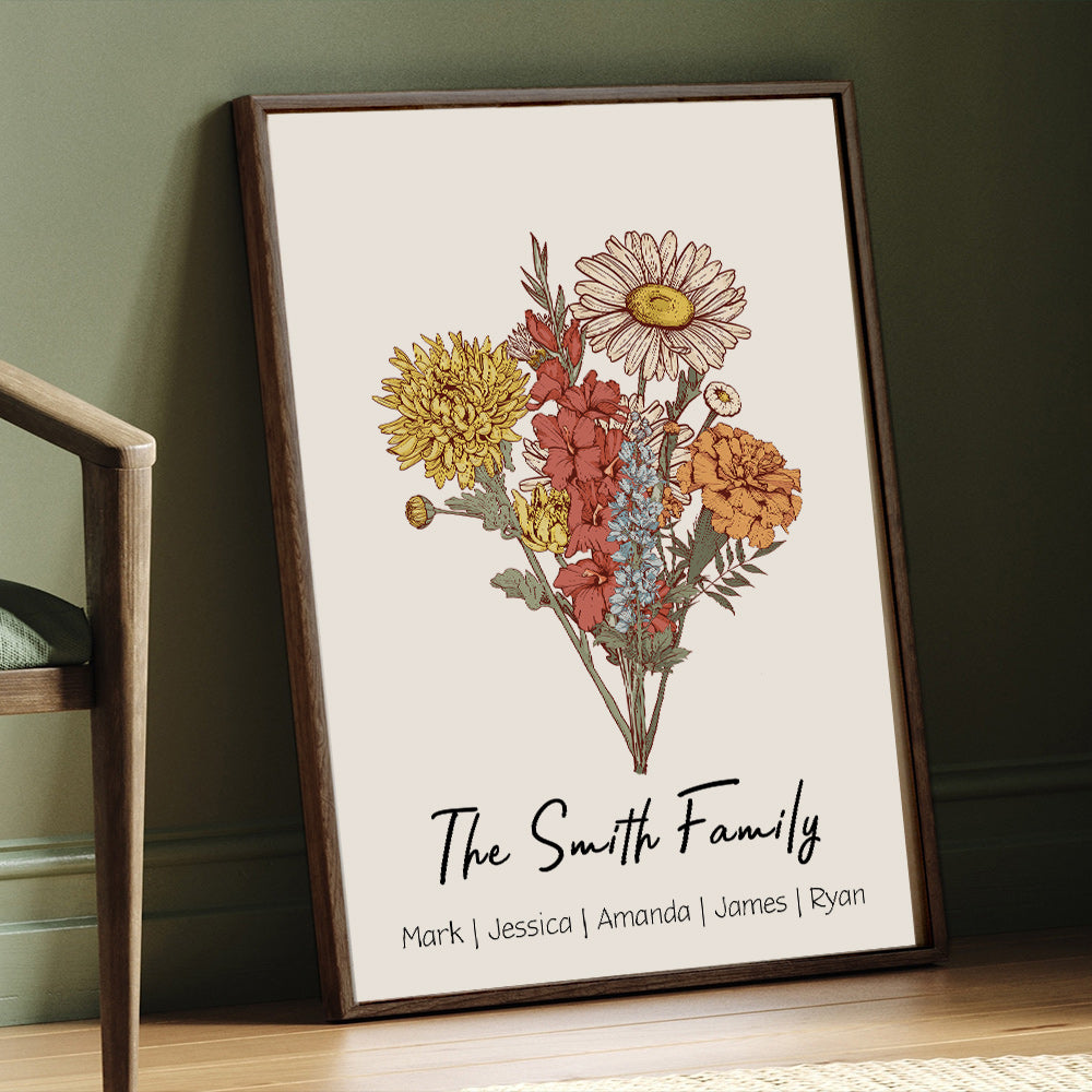 Birth Flower Family Bouquet Personalized Names Frame