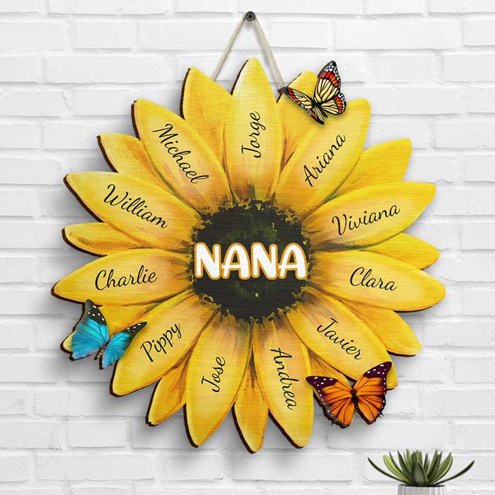 Familien-Sonnenblumenschild – Geschenk für Oma, Nana, Mutter, personalisierbar