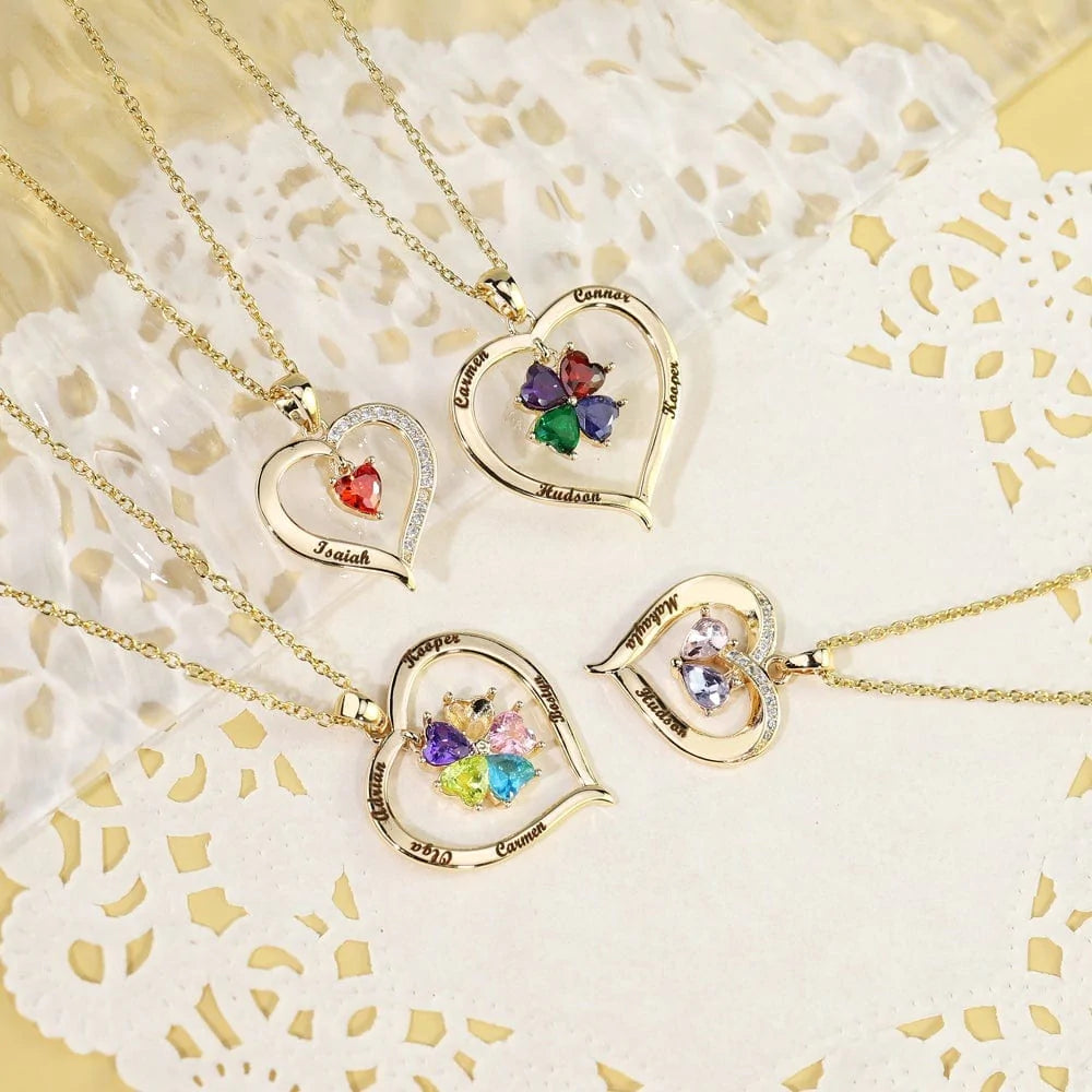 Custom Names Heart Necklace With Birthstones