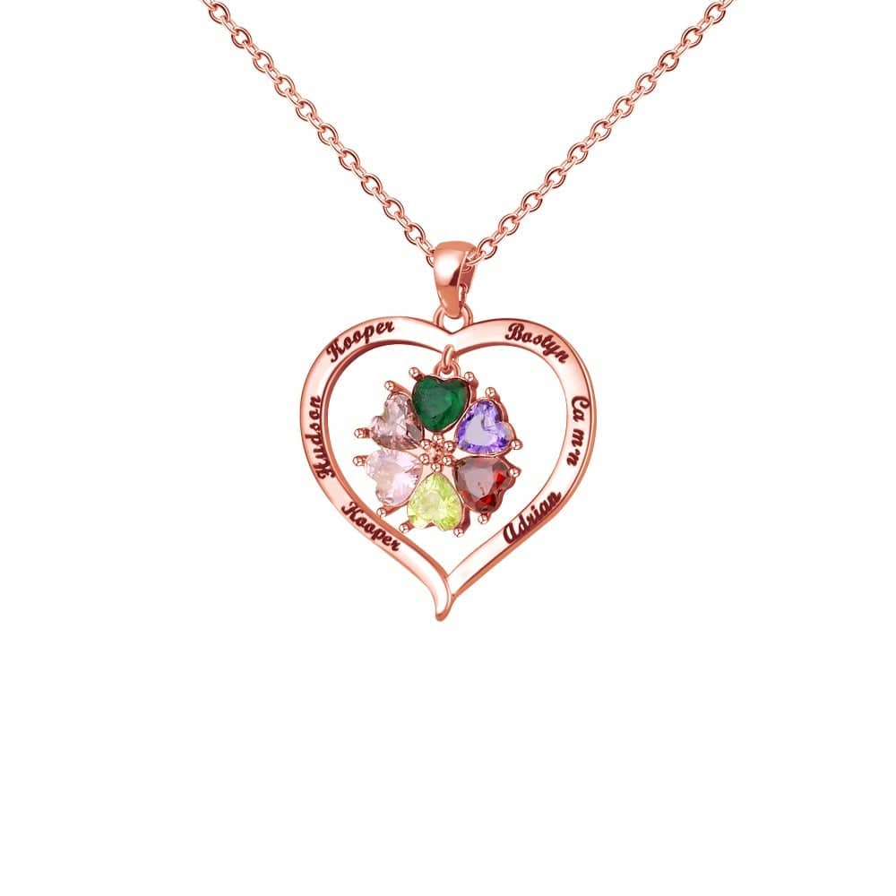 Custom Names Heart Necklace With Birthstones