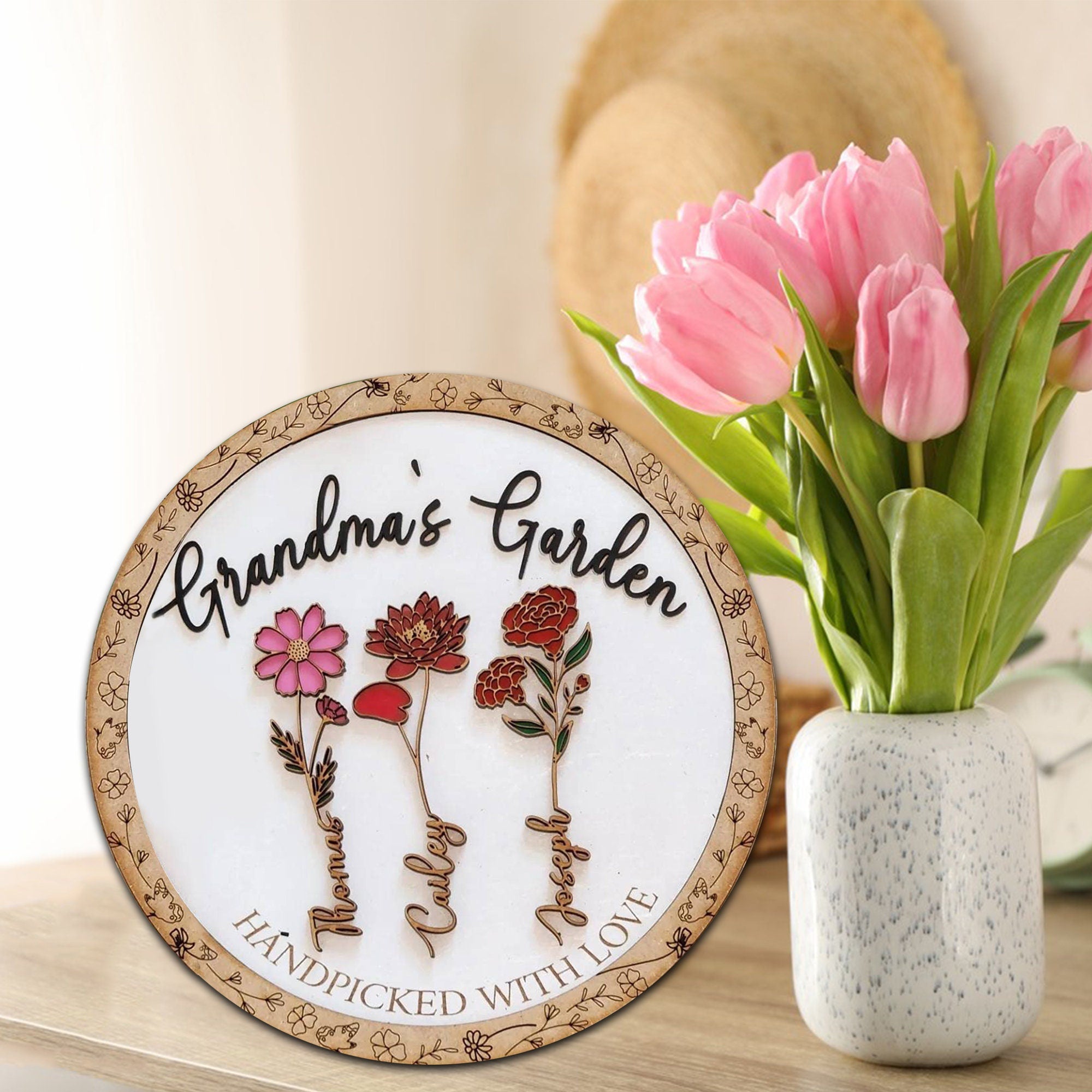 Personalisiertes Geburtsblumenschild aus Holz als Geschenk